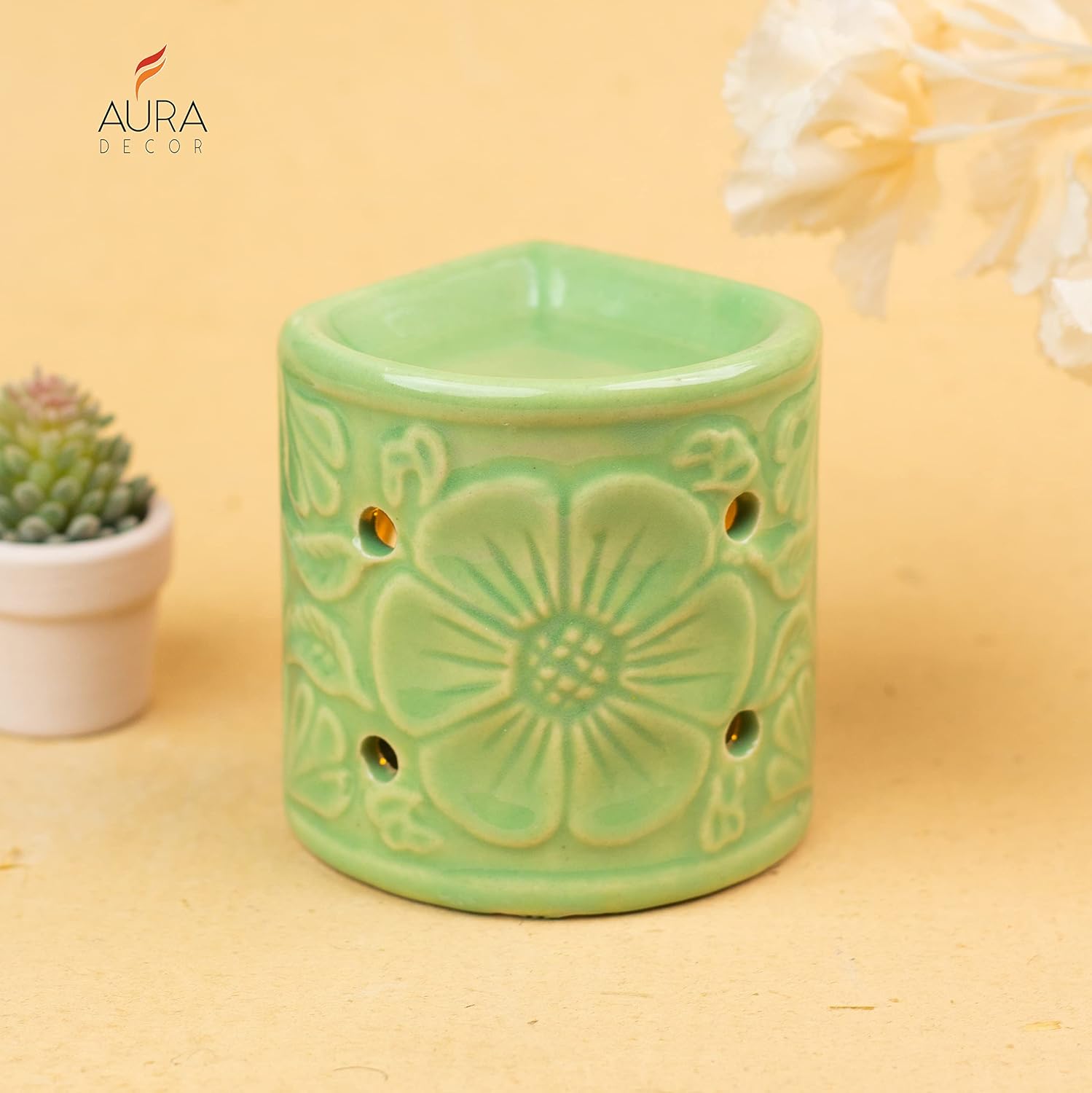 GREEN HANDCRAFTED SMALL CERAMIC BURNER WITH T-LIGHT CANDLE SET OF 1