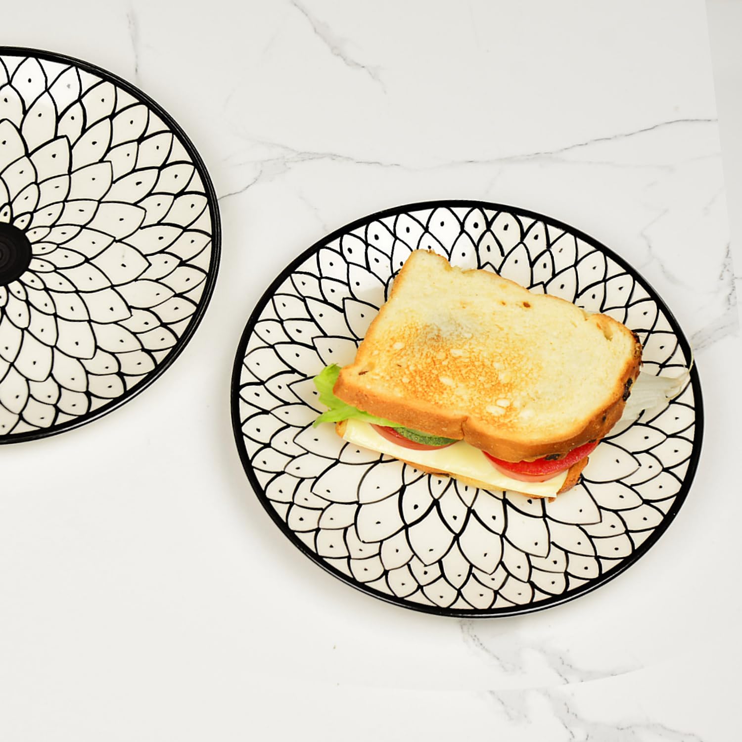 Hand Painted Black & White Spiral Ceramic Quarter Plates Set Of 4 - 7 Inches | Dishwasher Safe Small Side Plates - Microwave Safe Snack Plates For Party