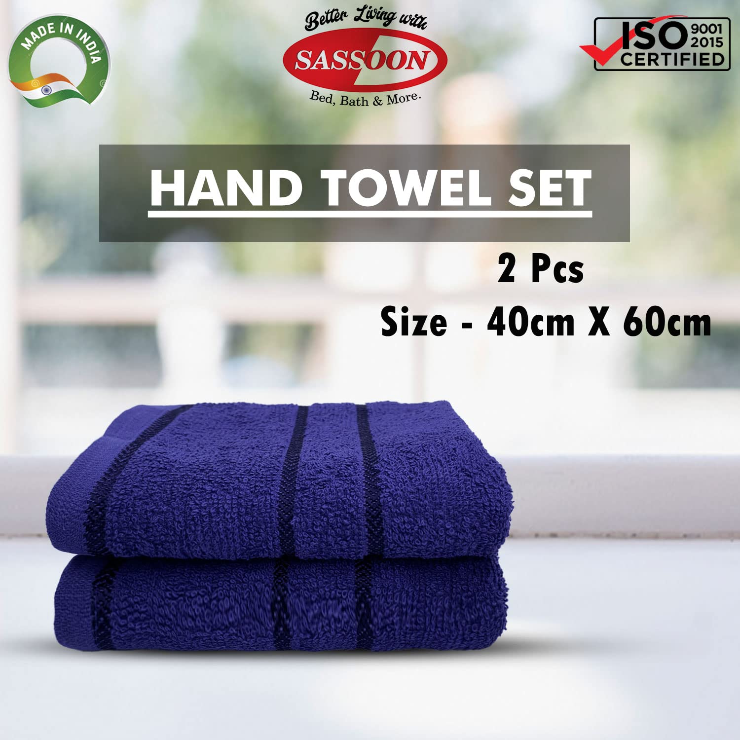 Sassoon Melrose 100% Cotton Hand Towel 400 Gsm | Highly Absorbent, Soft Material Perfect For Daily Use (Midnight Blue) -2 Piece