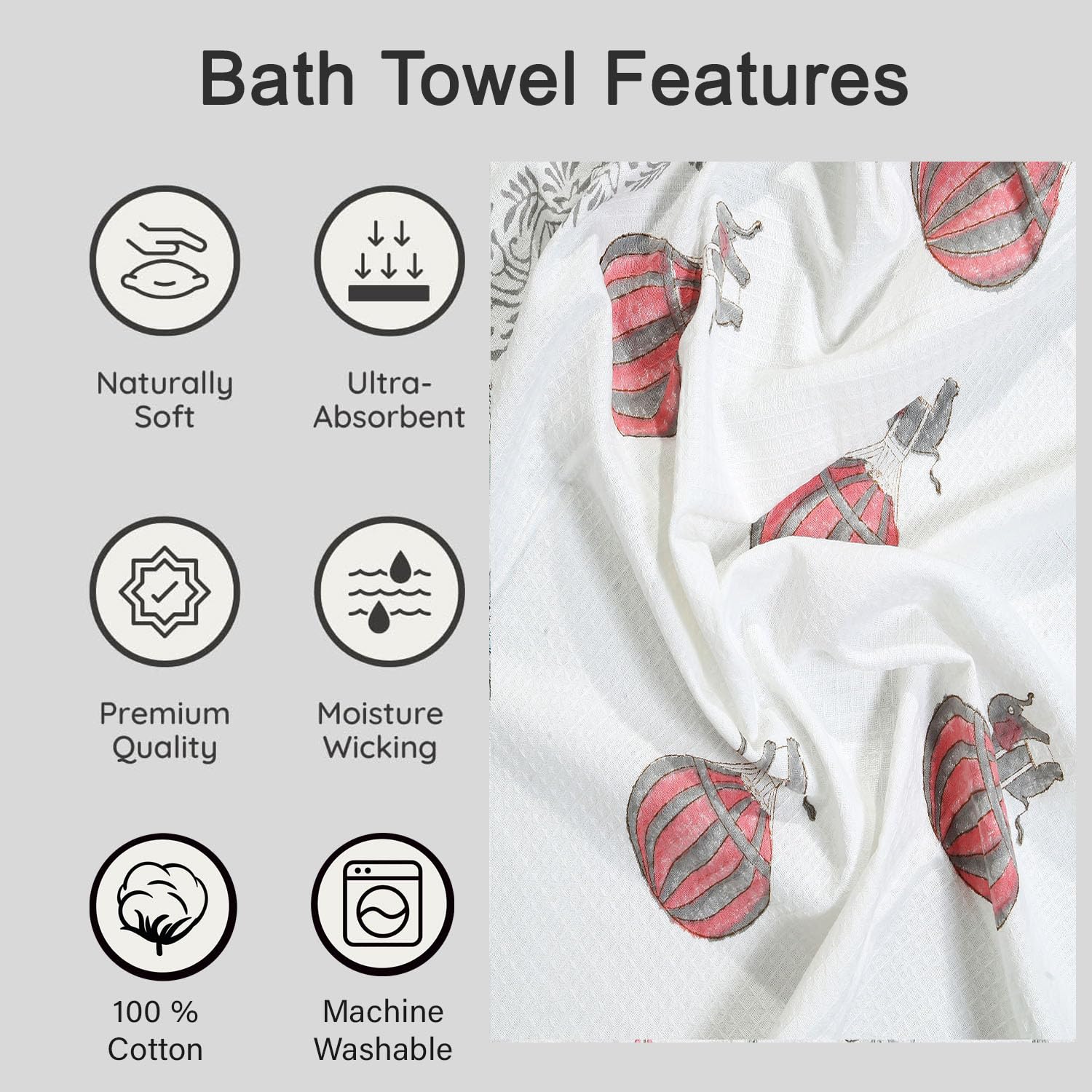 Urbano Homz 100% Cotton Large Size Bath Towel 350 Gsm | For Men & Women, Ethnic Bathing Towel (Red & Grey)
