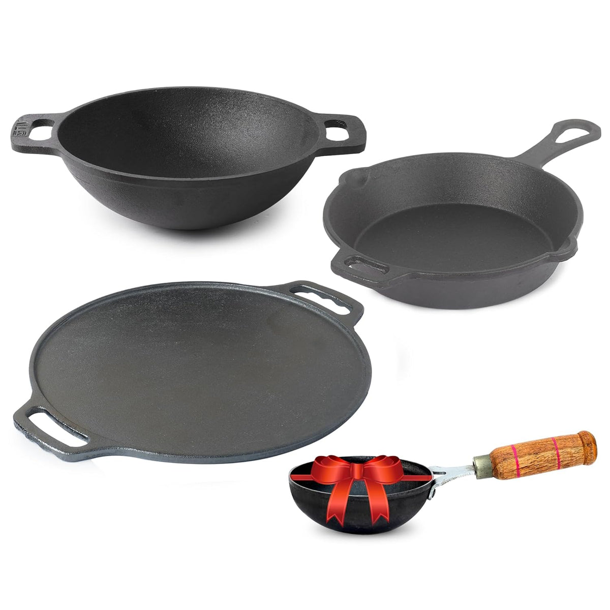 Pre-Seasoned Black Cast Iron Cookware Set+ Free Tadka Pan - Tawa 30.5cm + Kadai 25.4cm, 2.3 Liters + Fry Pan 23 Cm, 1.4 Liters | Kitchen Cooking Combo Pots & Pans Set Of 4 Pcs - Naturally Nonstick