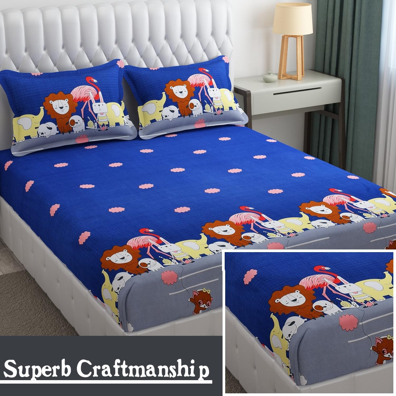 Wrinkle Free Soft Kids Double Bedsheets For King Size With 2 Pillow Cover | 90 X 95 Inches, Blue | Cartoon Printed Design | Child Bedroom Decor