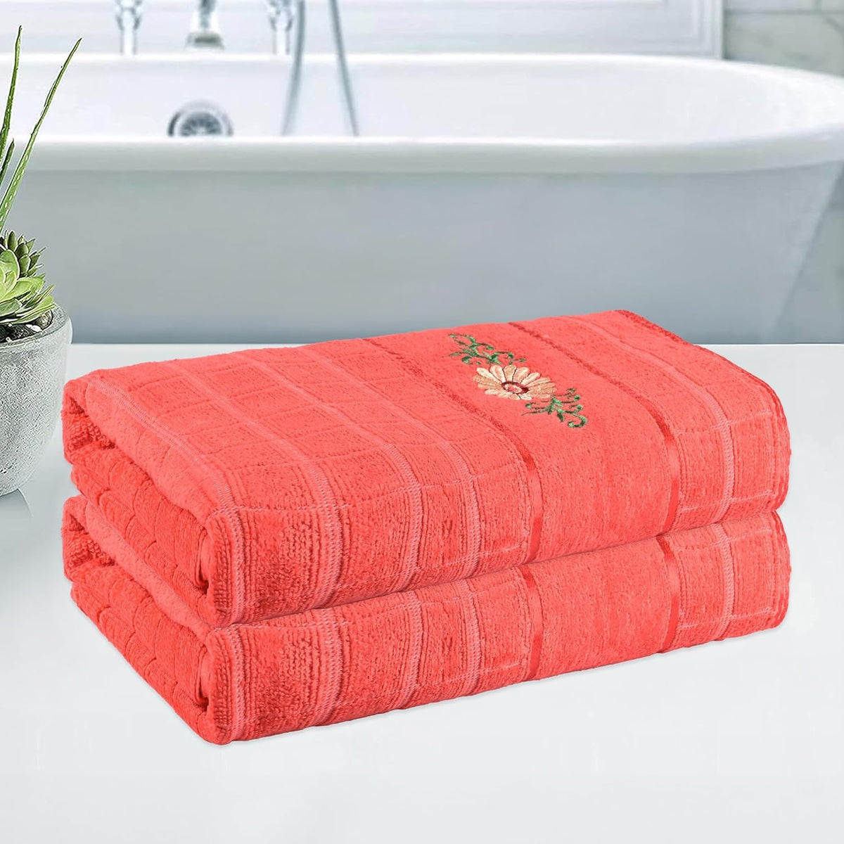 Kuber Industries Cotton Bath Towel 1000 Gsm | Workout Gym Napkins Bath Towel For Men & Woman Embroidery Silky Velvet Towel -Orange (Pack Of 2)