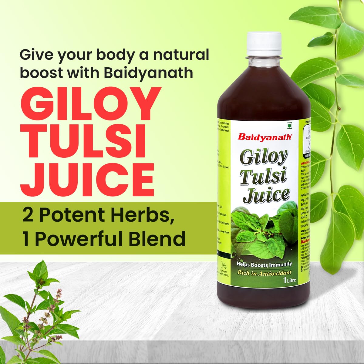 Baidyanath Giloy Tulsi Herbal Juice Helps Boost Immunity & Promotes Good Health, Supports Respiratory Wellness | 1000ml 2.2lbs Each Pack Of 2