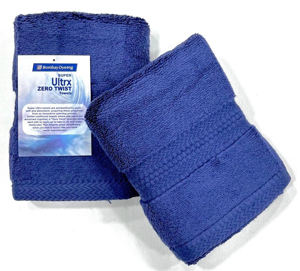 Bombay Dyeing Ultrx Zero Twist Plain Cotton Hand Towel 400 Gsm (Navy Blue)- 2 Piece