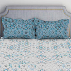 100% Cotton Bedsheet For Double Bed With 2 Pillow Cover - 88 X 100 Inches, Blue & Beige | Breathable & Super Soft | All Seasons & Easy To Wash