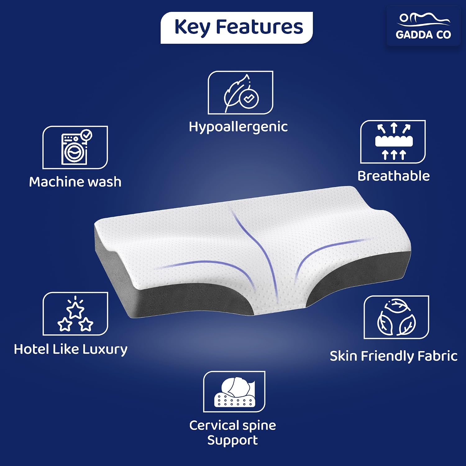 Orthopedic Memory Foam Pillow, Cervical Butterfly Pillow - 18.5x10.5x3.5 Inch | For Neck & Shoulder, Head Pain Relief, Butterfly Design | Jacquard Cover, Better Sleep, White & Grey