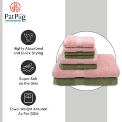 Patpug 100% Indian Cotton Plush Towel Set 2000 Gsm | Highly Absorbent, Fade Resistant, Quick Drying 2 Bath, 2 Hand & 4 Face Towel (Olive Green & Baby Pink) - 8 Piece