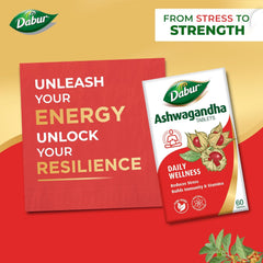 Dabur Ashwagandha General Wellness Tablets, Stress Relief, Rich In Antioxidants, Immunity Booster, Rich In Antioxidants, Rejuvenates Body | 60 Tablets 100gm 0.2lbs