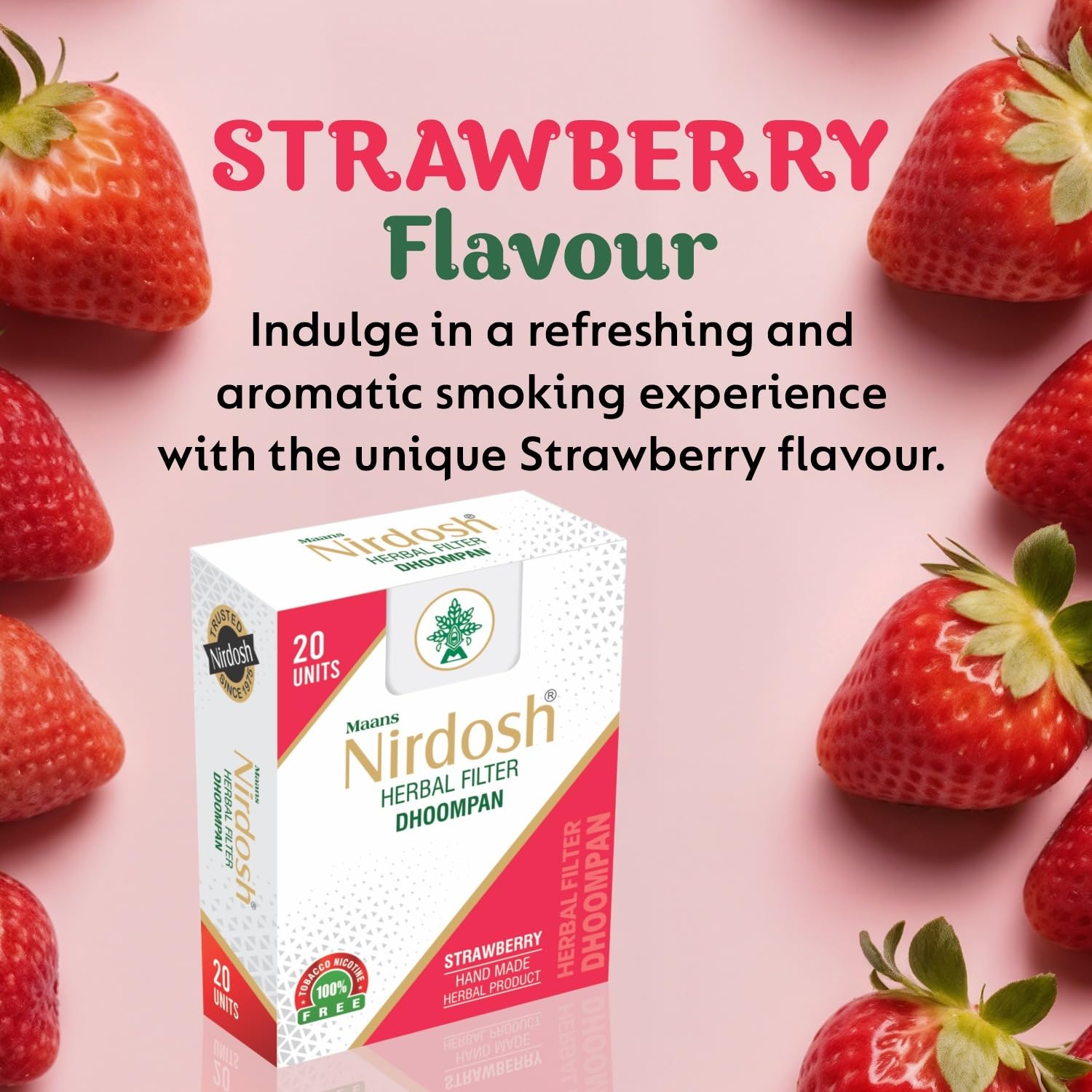 Strawberry Flavored Herbal Filter Dhoompan Sticks - Pack Of 2X 20 Pcs Herbal Cigarette | Bidi Sticks Rolled In Tendu Leaves, Non-Addictive Sticks - Tobacco Free & Nicotine Free