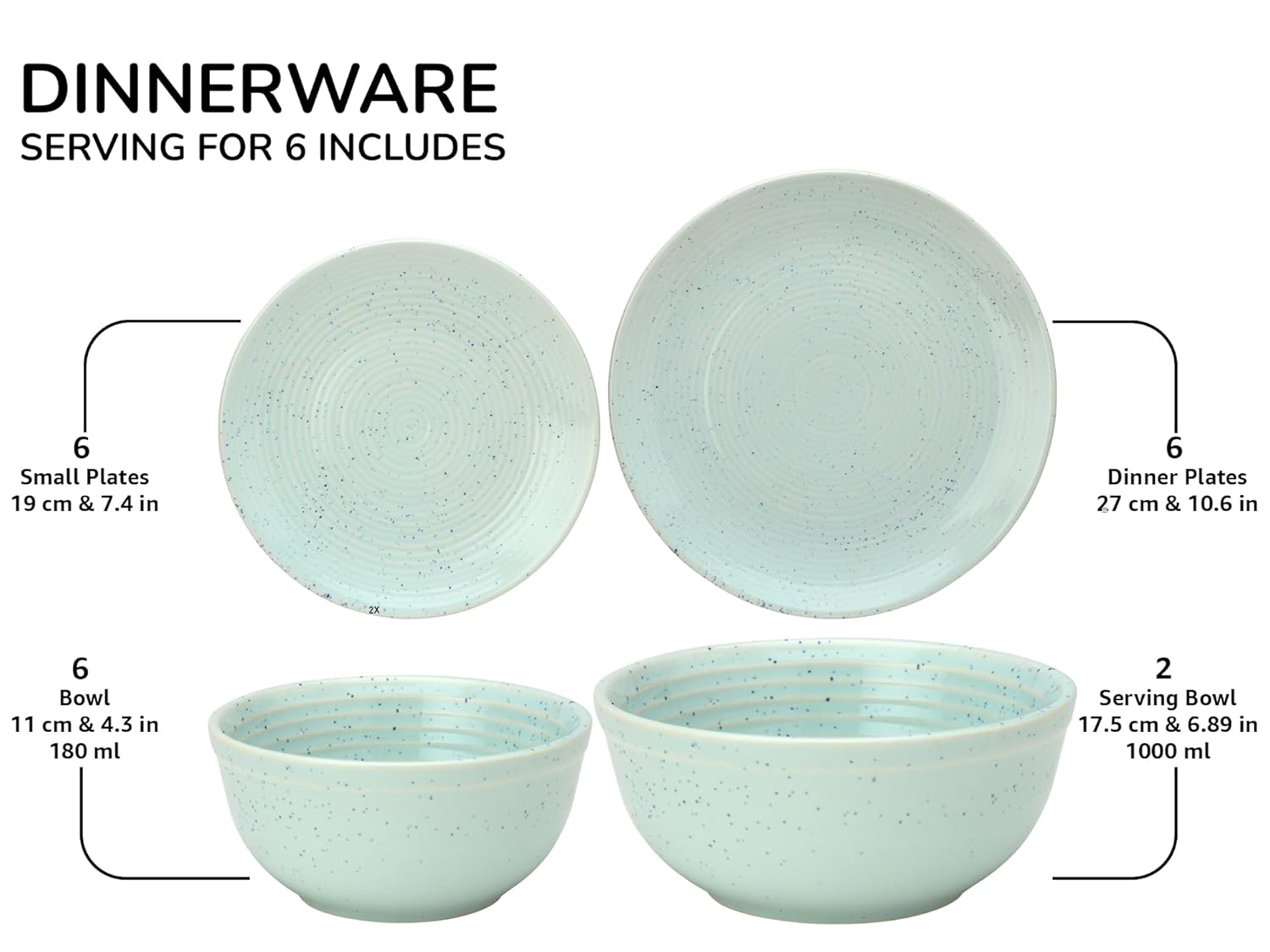 Handcrafted Ceramic Stoneware Dinner Set Of 20 Pieces With Serving Bowls Set - Mint Green | 6 Dinner Plates + 6 Small Plates + 6 Small Dinner Bowl, 180ml Each+ 2 Serving Bowl, 1000ml Each