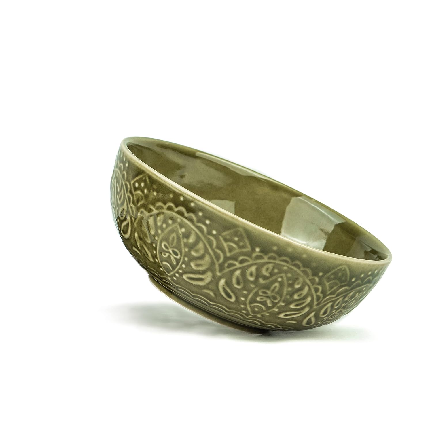 Ceramic Carving Large Serving Bowls Set Of 1 Pc - 1200ml, Mehndi Green Carving | Premium Ceramic Bowls - Large Size | Microwave Safe Bowls - Bowl Sets With Glossy Finish | Ceramic Bowl