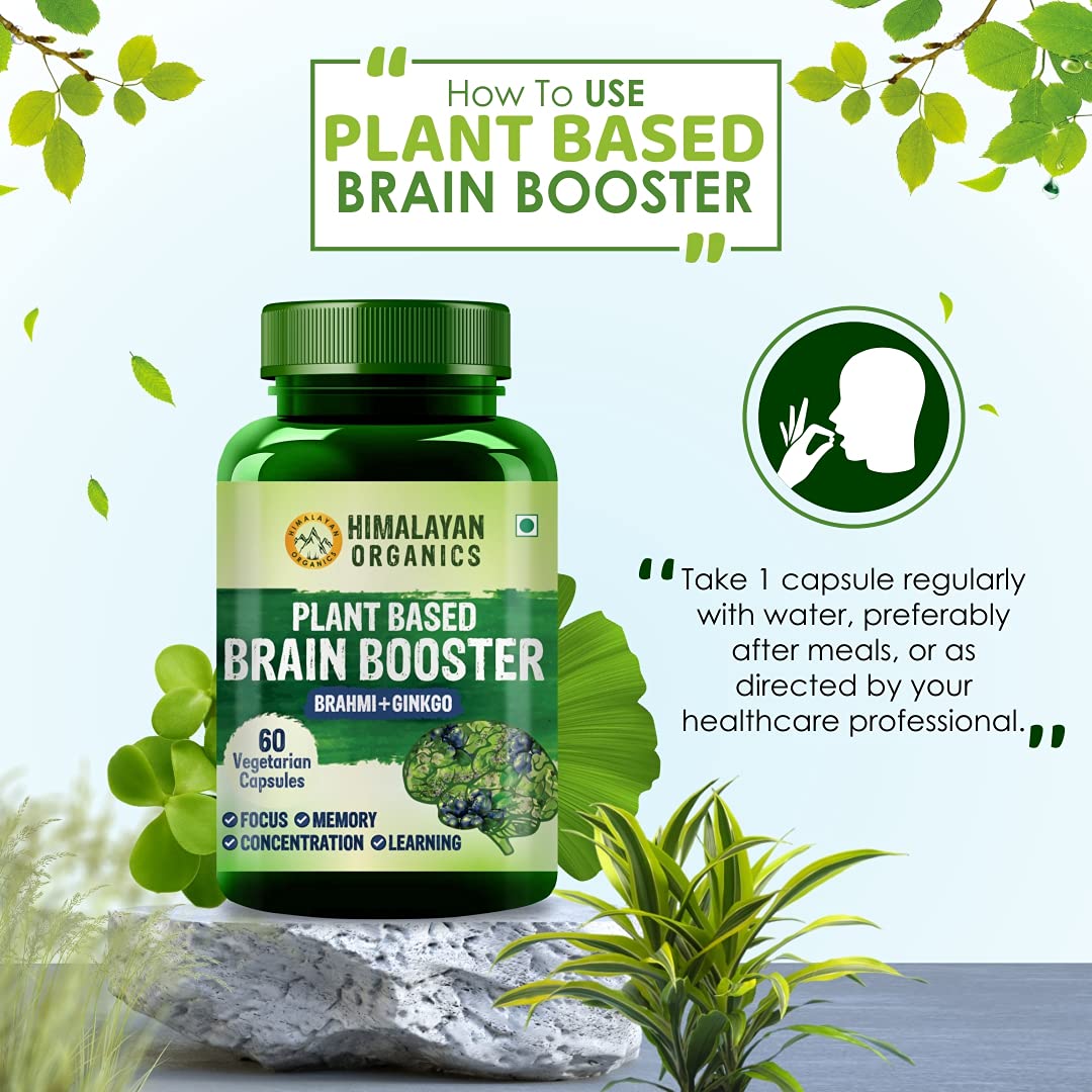 Himalayan Organics Plant Based Brain Booster Supplement With Ginkgo Biloba & Brahmi, Healthy Brain, Stress Relief, Improve Focus | 60 Veg Capsules 100gm 0.2lbs Each Pack Of 3