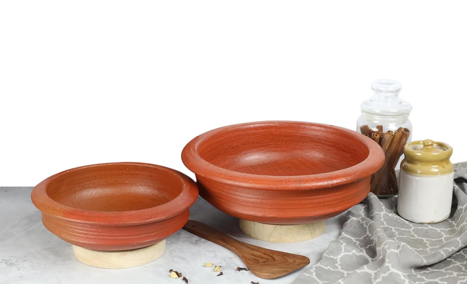 Deep Burned Uncoated Clay Pot Or Mitti Handi Combo With 2 Wooden Spatulas Complimentary Pack Of 2 - Red, 1 + 2 Liters | Pre-Seasoned Mud Pot - Unglazed, Double Fired, Hand Crafted