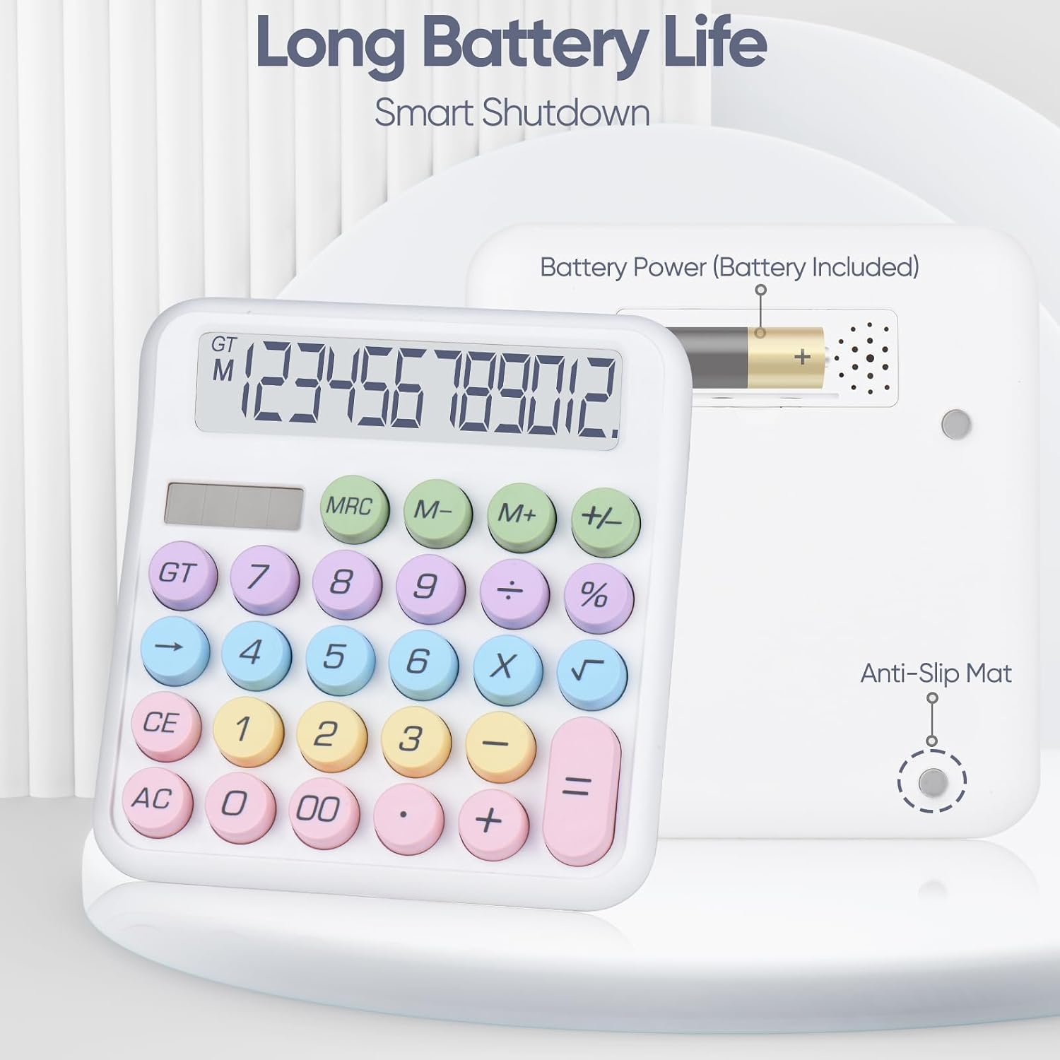 Desktop Calculator, Powered By Batteries (Included) 12 Digit Large LCD Display, Big Buttons Easy To Press, Automatic Sleep, For Office, School, Home. (White)