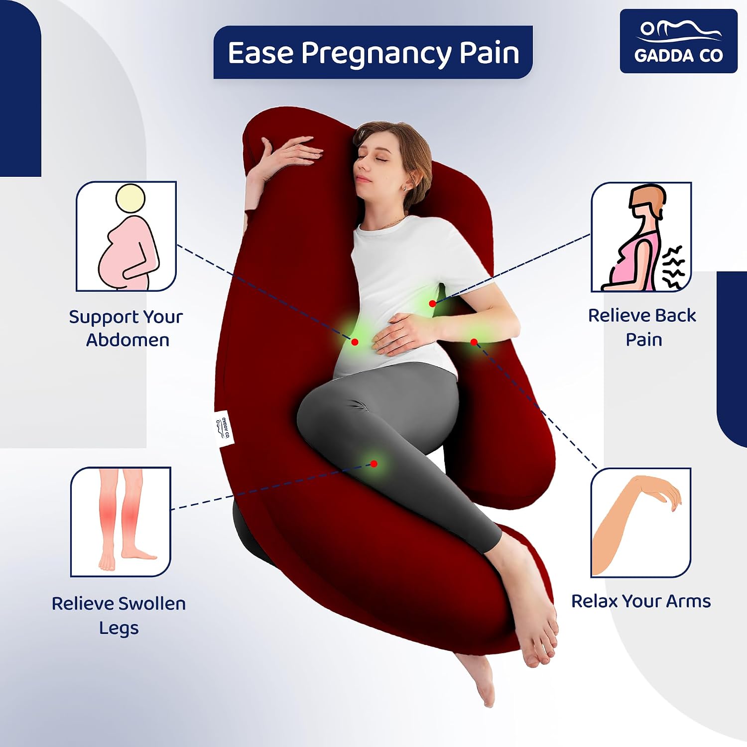 Pregnancy Pillows For Sleeping, J-Shape, Full Body Pillow & Maternity Support, Maroon | For Back, Hips, Legs, Belly | For Pregnant Women With Removable, Washable Velvet Cover, Soft Pillow