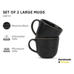 Large Ceramic Coffee Mug Set Of 2 - Reactive Black, 400ml Each | Ceramic Ribbed Mug With Glossy Finish - Mug For Coffee | Ceramic Coffee Mug - Coffee Cup | Microwave Safe & Dishwasher Safe
