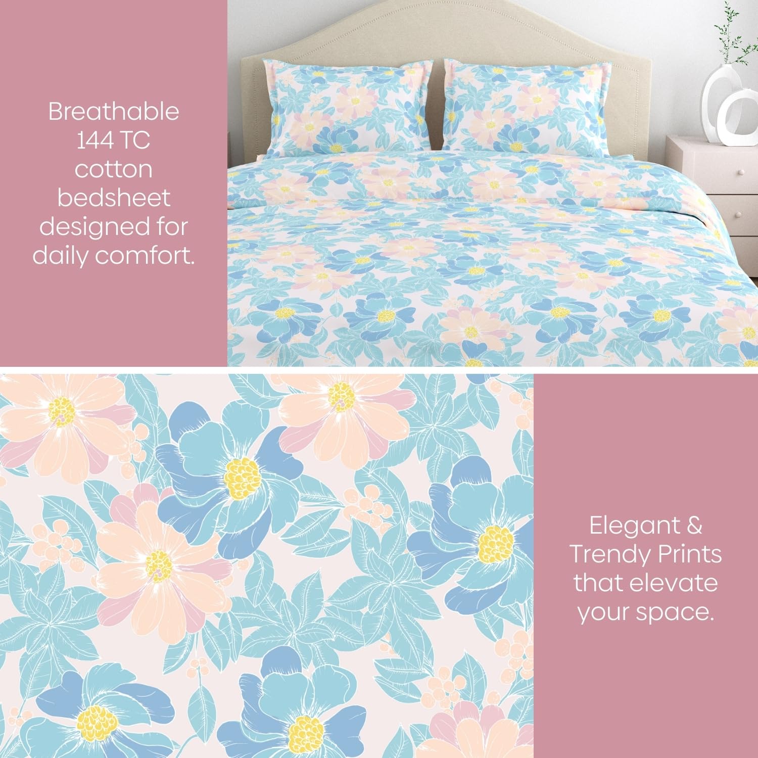 Bedsheet Double Bed For Queen Size - 100 X 90 Inches 2 Pillow Cover, Sky Blue | Ideal For Everyday Use | Soft, Skin-Friendly & Durable Cotton Fabric