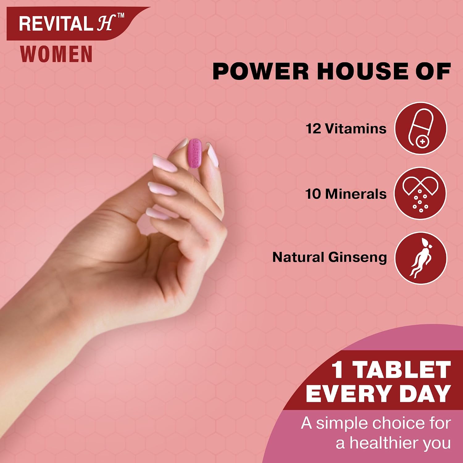 Revital H For Woman With Multivitamins, Calcium, Zinc & Natural Ginseng For Daily Immunity Strong Bones & Enhances Energy Level | 60 Tablets , 100gm 0.2lbs