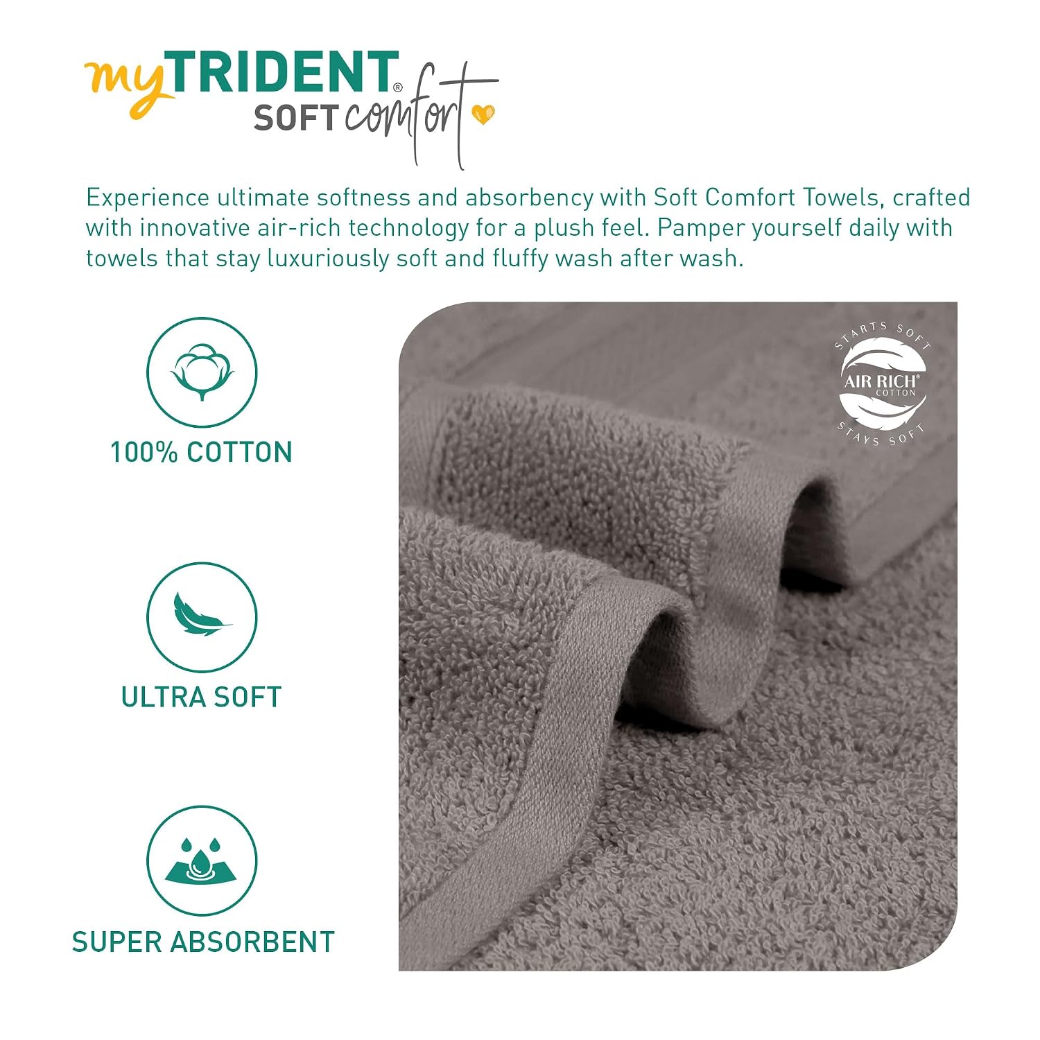 Trident Soft Comfort Air Rich 100% Cotton Bath Towels 500 Gsm | Large Size Bathroom Towels For Men/Women (Charcoal)