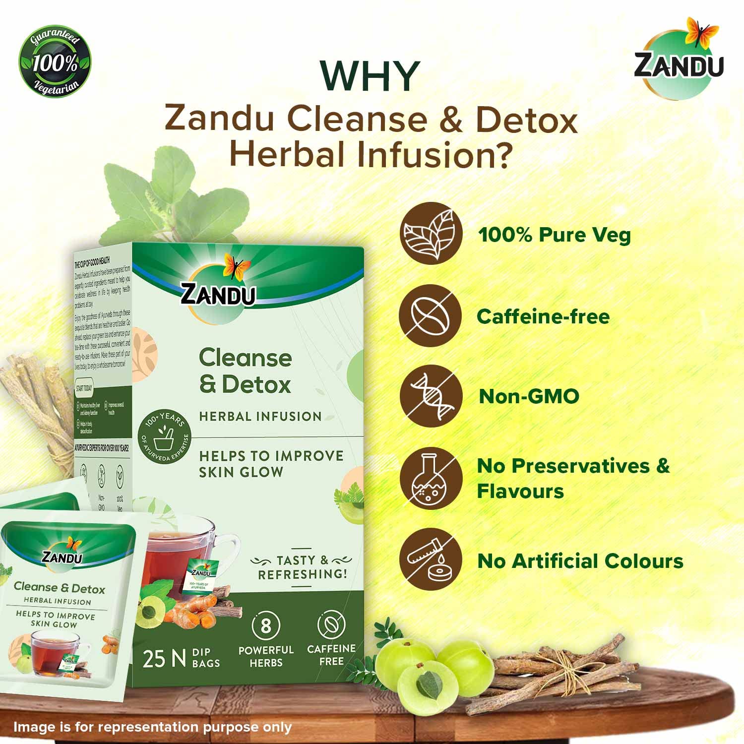 Zandu Cleanse & Detox Herbal Infusion Green Tea - 25 Tea Bags | Helps Improve Skin Glow & Detoxifies The Body - Enriched With 8 Powerful Herbs | Caffeine Free