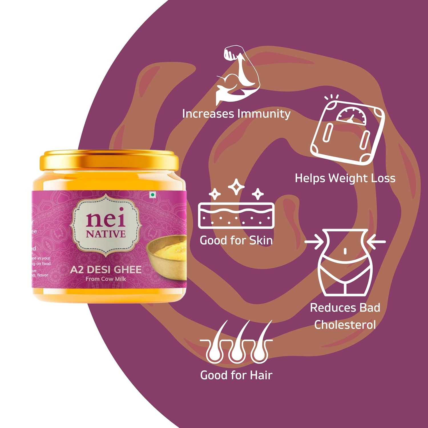Pure Premium A2 Desi Ghee By Nei Native | Pure Bilona Method Homemade Cow Desi Ghee Good For Skin & Hair | (250ml) 8.4 Ounce | Jar Pack