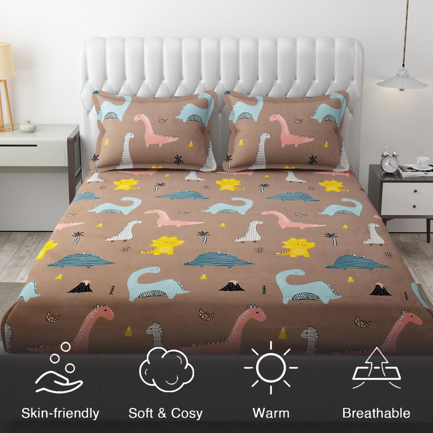 Wrinkle Free Soft Kids Double Bedsheets For King Size With 2 Pillow Cover | 90 X 95 Inches, Rosy Brown | Cartoon Printed Design | Child Bedroom Decor
