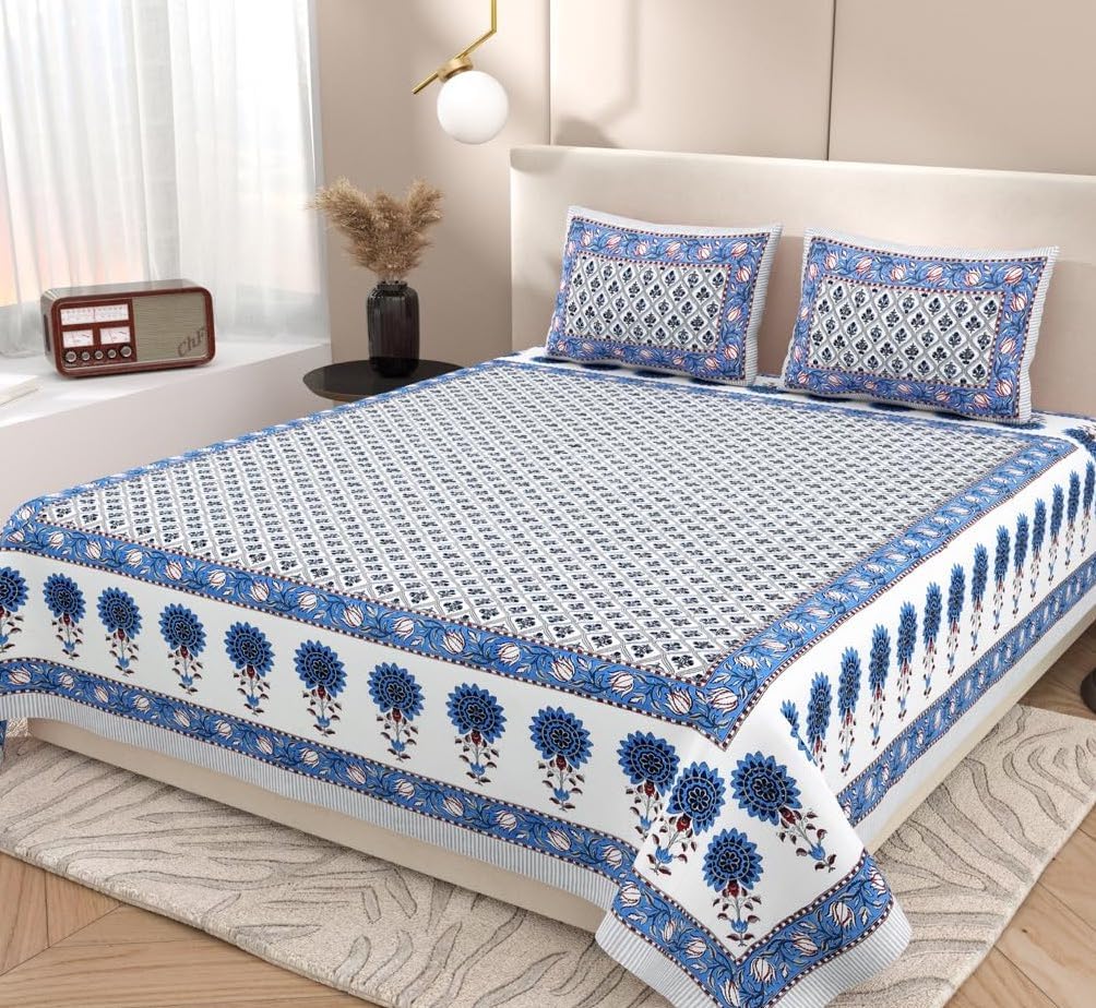 Jaipuri Cotton Bedsheet For King Size With 2 Pillow Covers | 90 X 108 Inches, White & Blue | Ultra-Soft & Skin-Safe | Breathable Summer Comfort