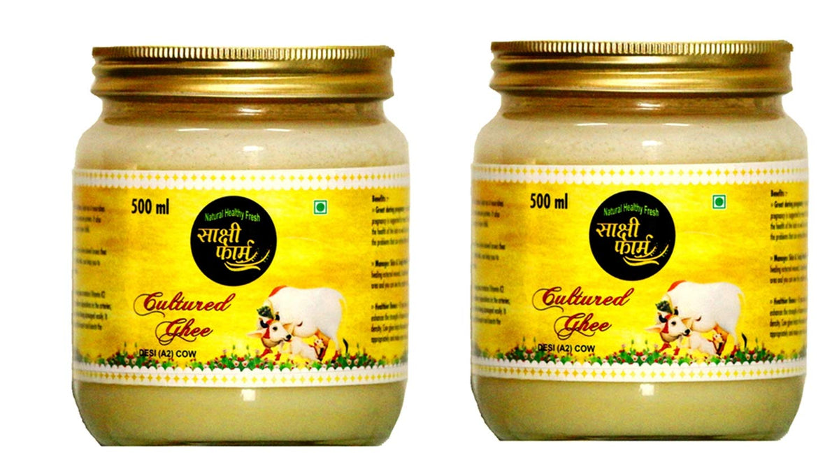 Natural Organic Cultured Desi A2 Ghee By Sakshi Farms | Rich In Vitamin A, D & K Healthy Vedic Bilona Method Pure Desi Ghee For Glowing Skin | 1 Litre (500ml * 2) 33.8 Ounce | Jar Pack
