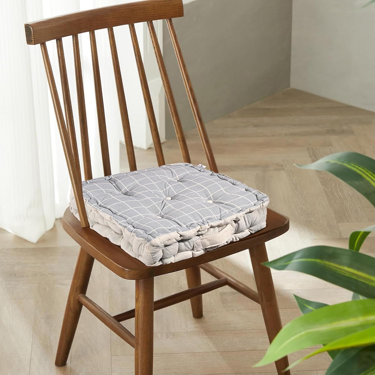 Soft & Comfortable Cotton Chair Cushion Pillow For Sitting, Check Print - Light Grey | Pillow For Office Work & Posture Support | Sitting Cushion & Back Rest For Chair | For Pain Relief