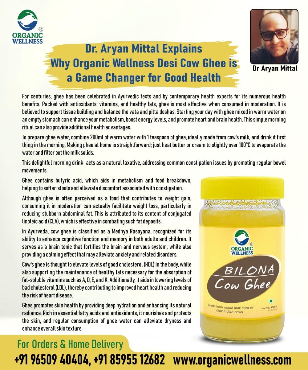 Premium Desi Bilona Cow Ghee By Organic Wellness | Natural & Healthy Gir Cow Cultured Desi Ghee Perfect For Cooking | (400ml) 13.5 Ounce | Jar Pack