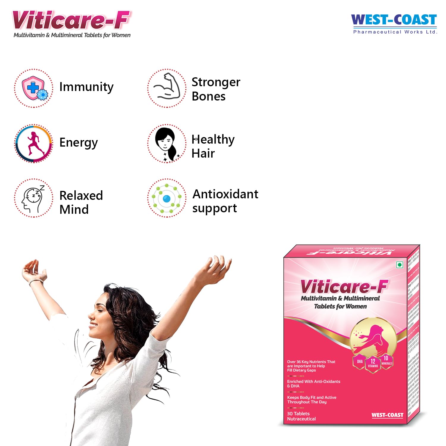 West - Coast Viticare F Multivitamin, Multimineral & Antioxidants Tablets, Over 24+ Key Nutrients For Daily Nutritional Requirement With Grape Seed Extract | 30 Tablets , 50gm 0.1lbs