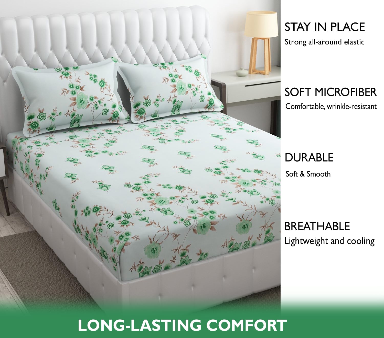 1 Elastic Fitted Bedsheet For King Size & 2 Pillow Covers - 78 X 72 Inches, Sea Green & Brown | Elegant Floral Print Design & Skin-Friendly