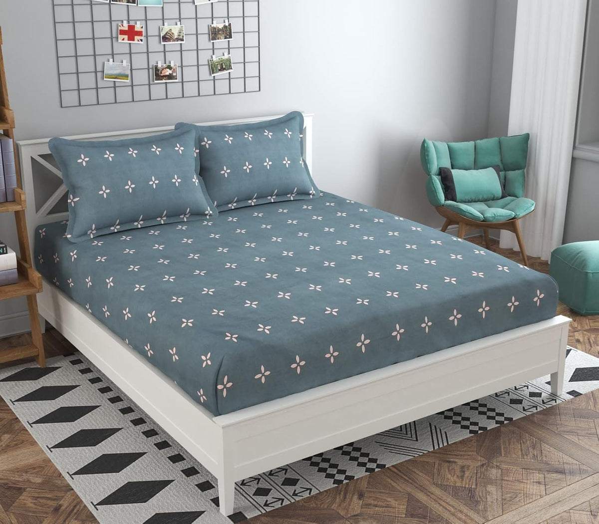 Double Bedsheet Queen Size Elastic Fitted With 2 Pillow Cover - 60 X 78 + 8 Inches, Dark Grey | Resistance & Wrinkle Recovery
