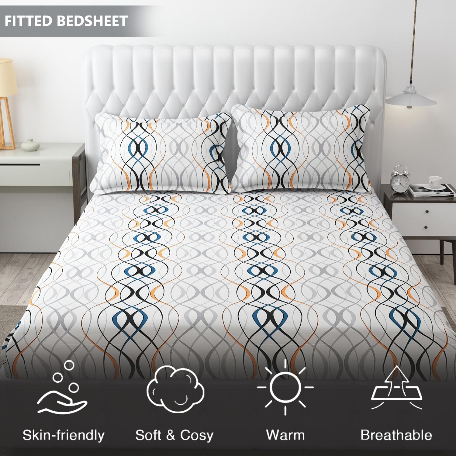 King Size Bedsheet With Two Pillow Cover (Size - 78 X 72 Inches, White & Grey) | Elastic Fitted Floral Bedsheet | Best For Festival Gifting