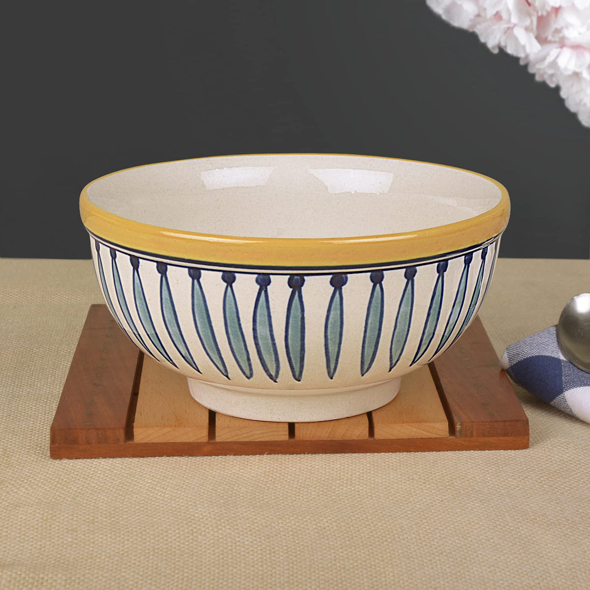 Hand Painted Ceramic Dinner Serving Bowl - White & Blue, 1000ml | Vegetable & Pasta Serving Bowl - Mixing Bowl, Salad Bowl