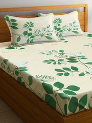 Microfiber Double Bedsheet With 2 Pillow Covers - 85 X 86 Inches, Cream & Green | Normal Hand Wash Or Machine Wash | 144 Thread Count