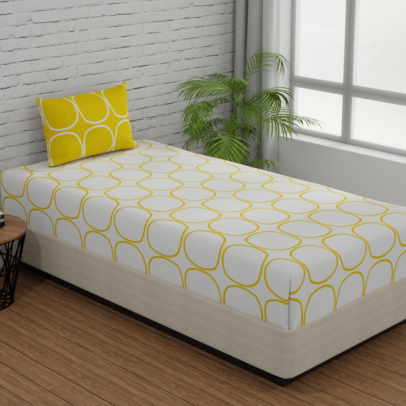 Single Bed Sheet Size - 55 X 88 Inches With 1 Pillow Covers, White & Yellow | Wash Dark Colors Separately | Lightweight, Soft, & Comfortable Bedsheet