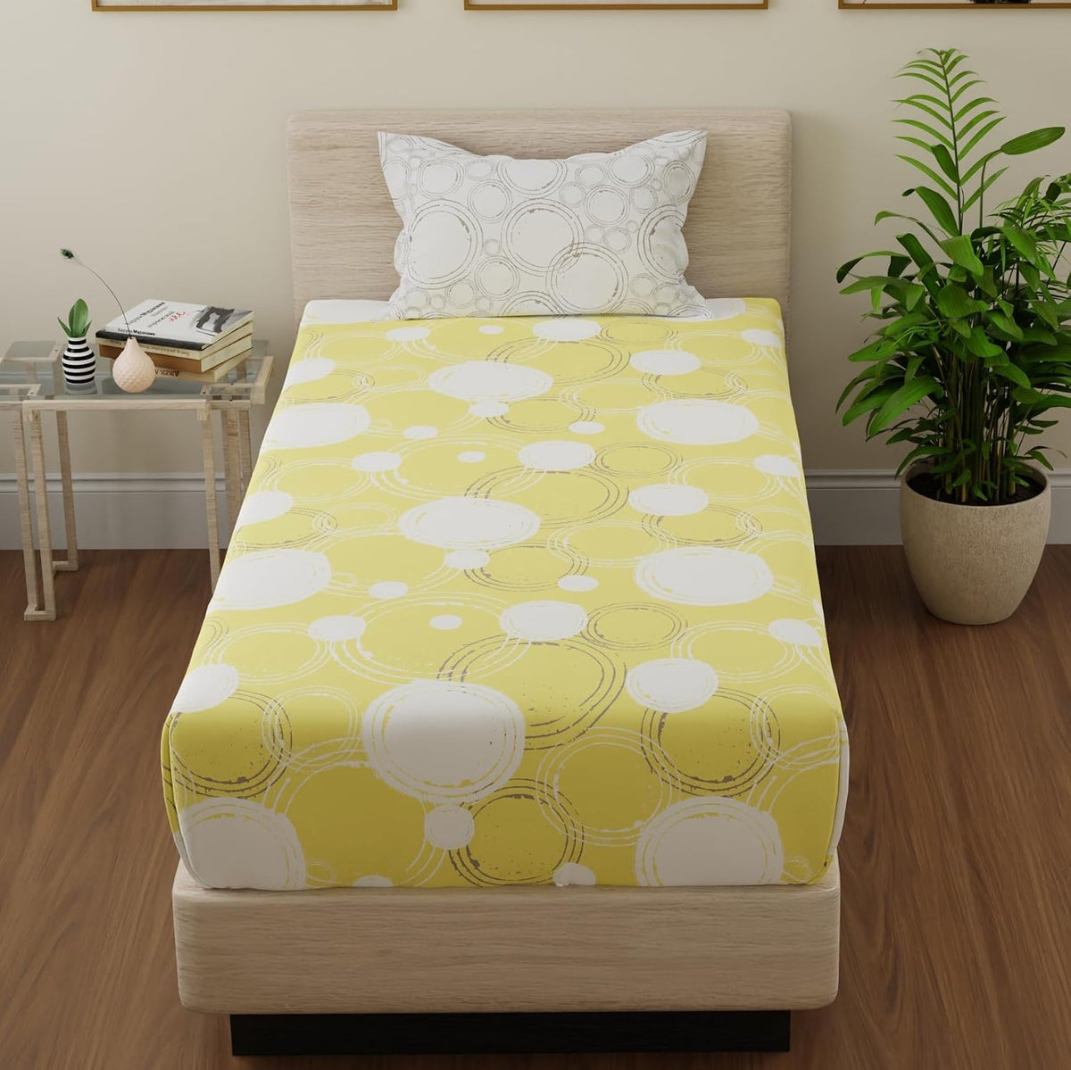 Beautiful Single Bedsheet With 1 Pillow Cover - 55 X 88 Inches, Yellow & Off White | Cotton Bedsheet Is Naturally Comfortable