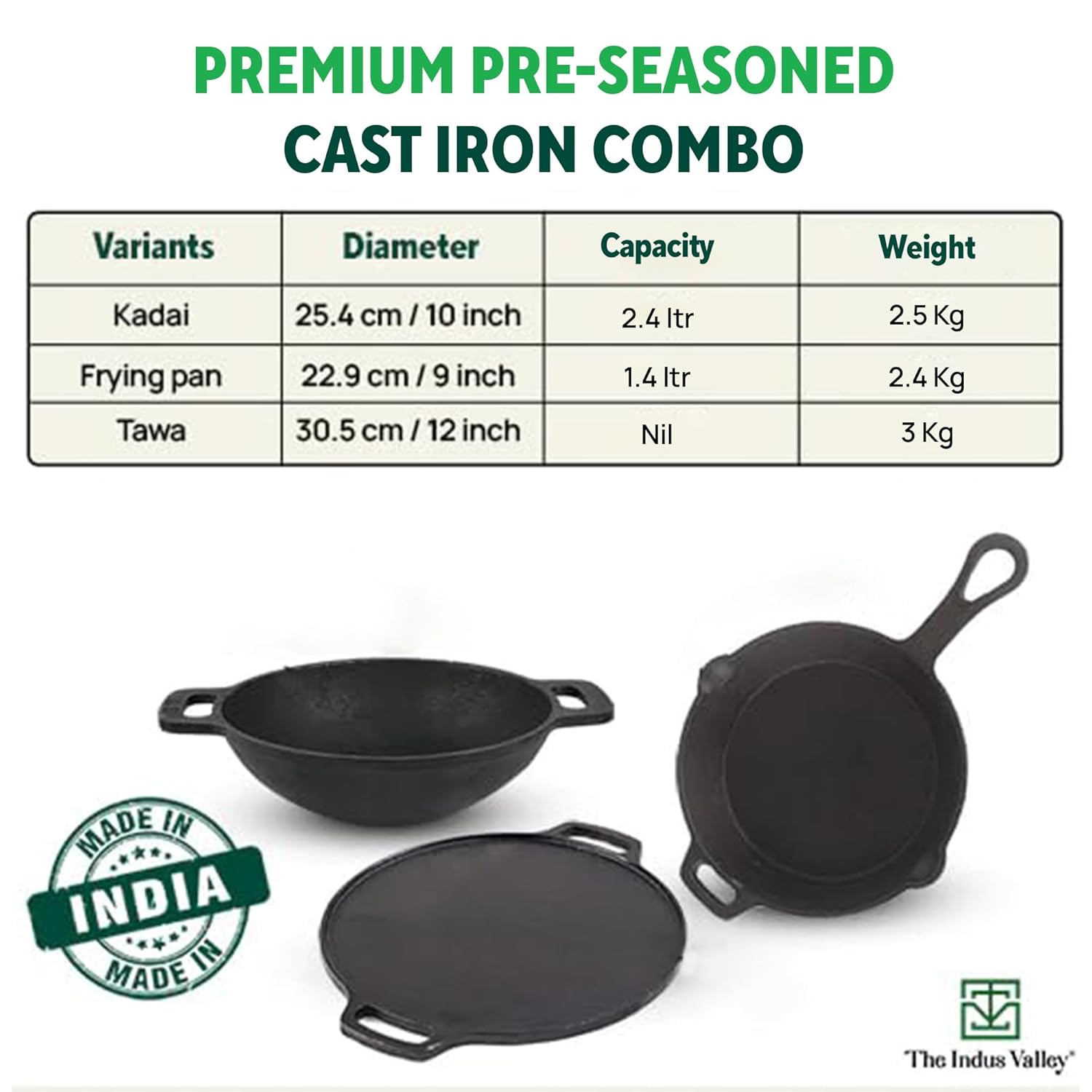 Pre-Seasoned Cast Iron Cookware Set + Free Iron Tadka Pan - Tawa 25.5cm + Kadai 25.4cm, 2.3 Liters + Fry Pan 22.9cm, 1.4 Liters | Kitchen Cooking Combo Pots & Pans Set Of 4 Pcs - Naturally Nonstick