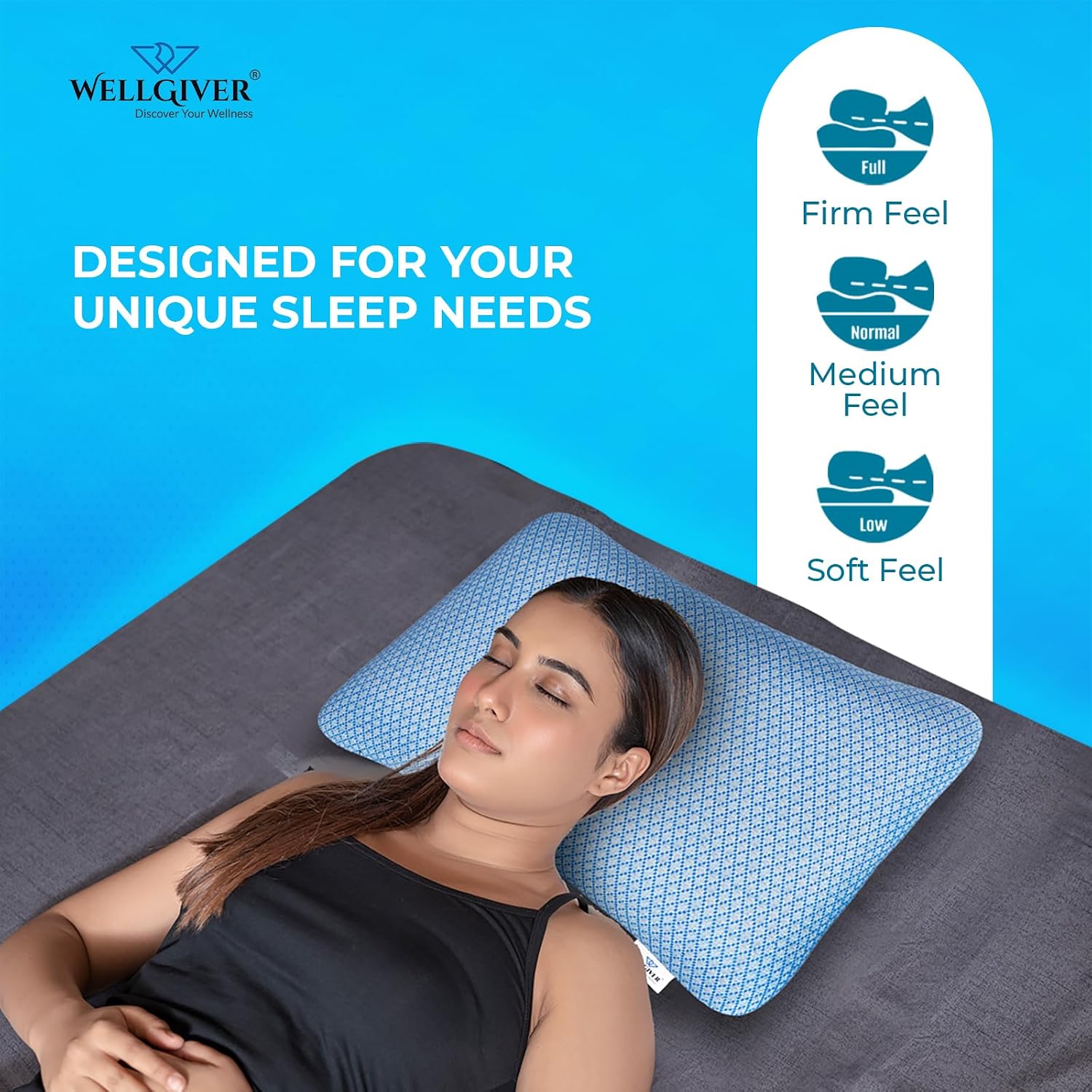 Premium Pillow For Sleeping, Shredded Memory Foam Pillow, Blue, Standard Size - 27 X 17 Inch | For Side, Back, Stomach Sleepers | Washable, Blue Jacquard Cover, Neck Support - Pack Of 1