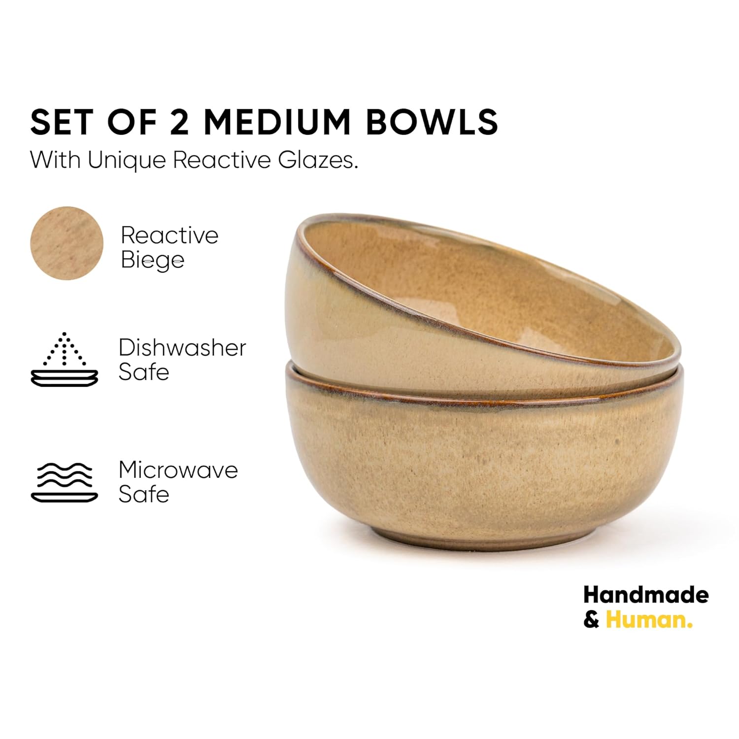 Ceramic Medium Bowl Set Of 2 Pieces - 18cm, Beige Reactive, 1000ml Each | Glossy Finish Stoneware Ceramic Serving Bowls | Ceramic Bowl - Pasta Serving Bowl | Microwave Safe