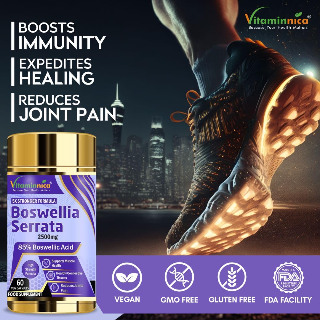Vitaminnica Boswellia Serrata 2500mg 5:1 Extract, 2 Months Supply, 85% Standardised Boswellic Acid, Indian Frankincense, Anti - Inflammatory | 60 Vegan Capsules 100gm 0.2lbs