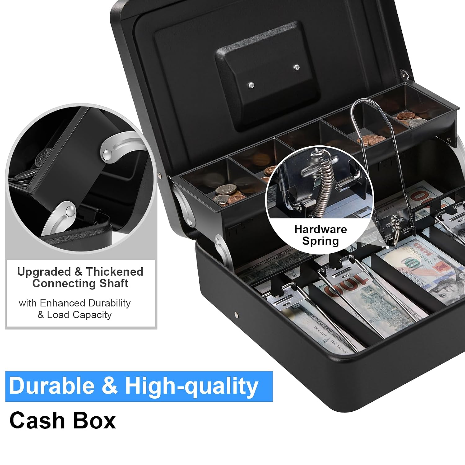 Cash Box With Lock & 2 Keys, Metal Money Box With Cash Tray, Portable Lock Safe Box, 4 Bill, 5 Coin Slots, Large Cash Boxes With Money Tray For Small Business 11.8 X 9.5 X 3.5 Inch, Colour - Black