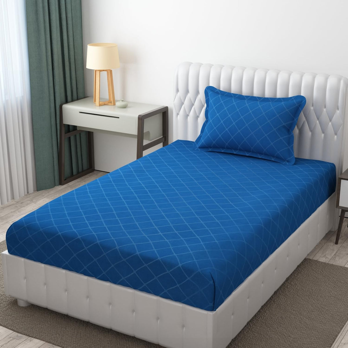 Check Single Bedsheet With 1 Pillow Cover 90 X 60 Inches, Blue | Comfortable & Durable | Elegant Printed Bedding Set For Daily Use