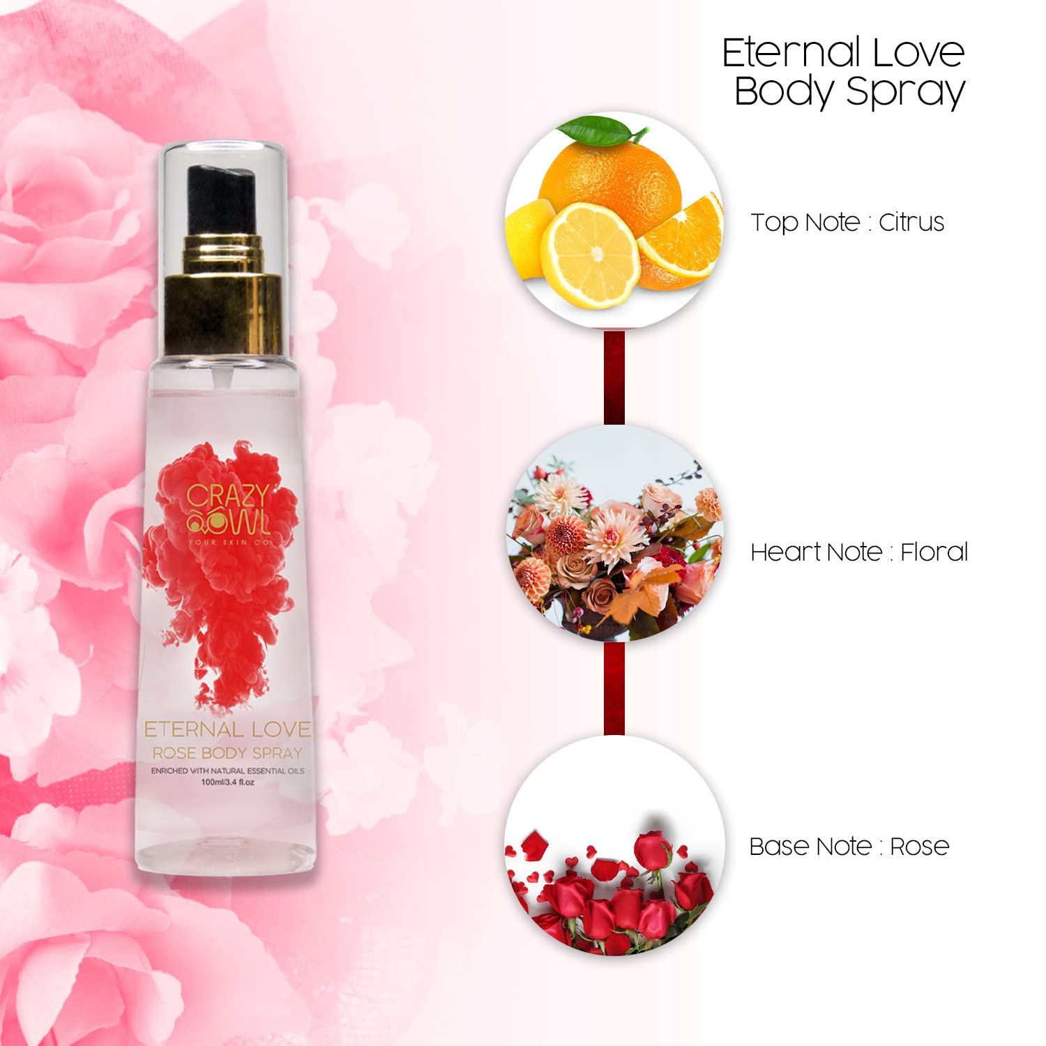 Crazy Owl Eternal Love Rose Body Spray 100ml 3.4 Fl.oz. Strong, Long Lasting, Floral Fragrance With Essential Oils | For Unisex