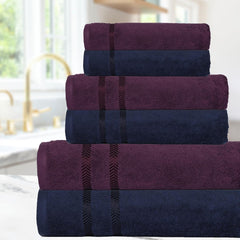Casa Copenhagen Ember Collection 2.O 100% Super Soft Cotton 2 Bath, 2 Hand Towels & 2 Washcloths 1700 Gsm (Navy & Purple) - 6 Piece