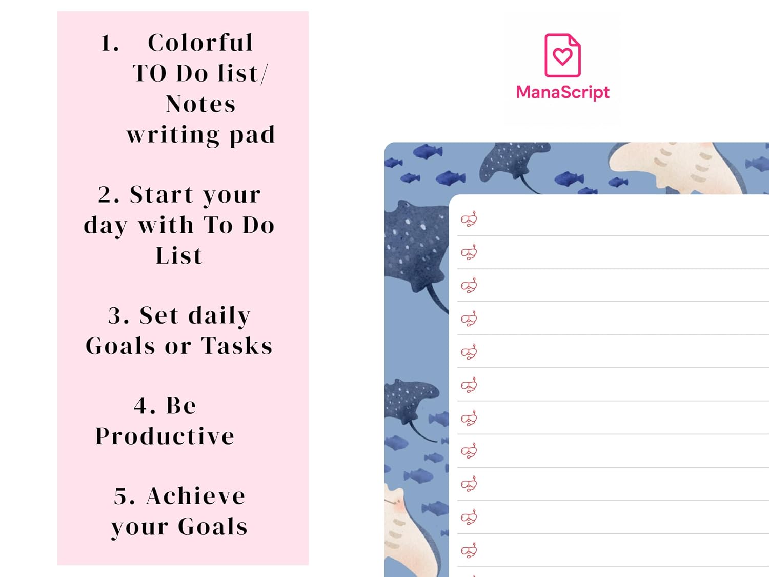 A5 Notes/To Do List Notepad, Beautiful Checklist Pad, Tear-Off Sheets (Fish, Blue) Pack Of 1
