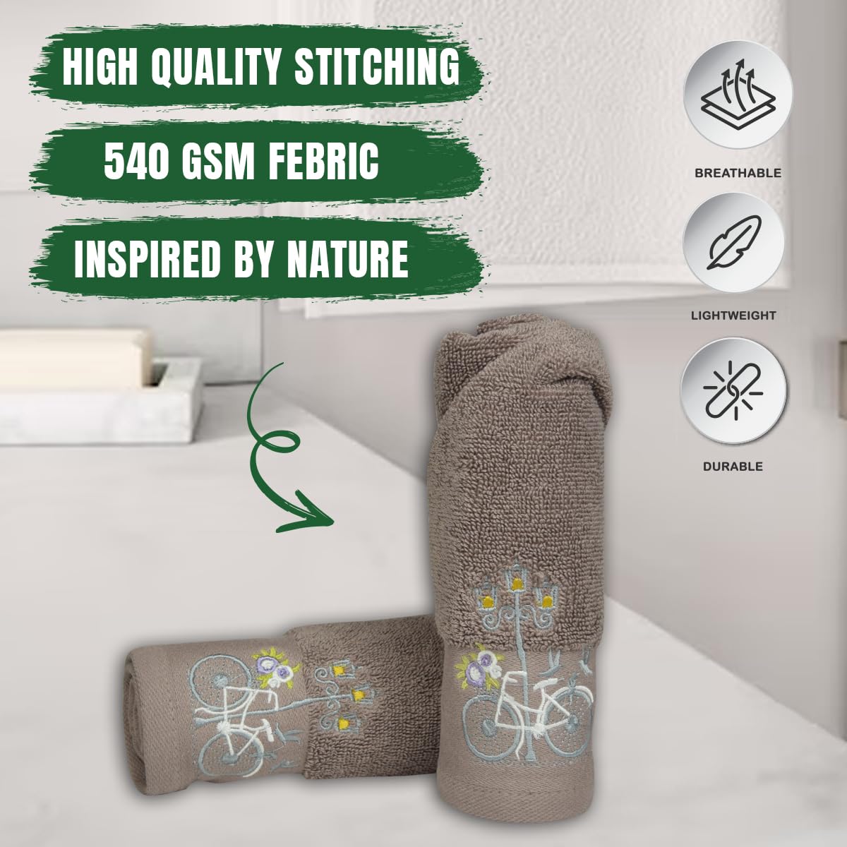 Rangoli 100% Cotton Martin Hand Towels 540 Gsm | Quick Dry, Ultra Soft, Highly Absorbent Printed Hand Towel For Men & Women Luxury & Highly Absorbent Towels - Blugrn (Set Of 2)