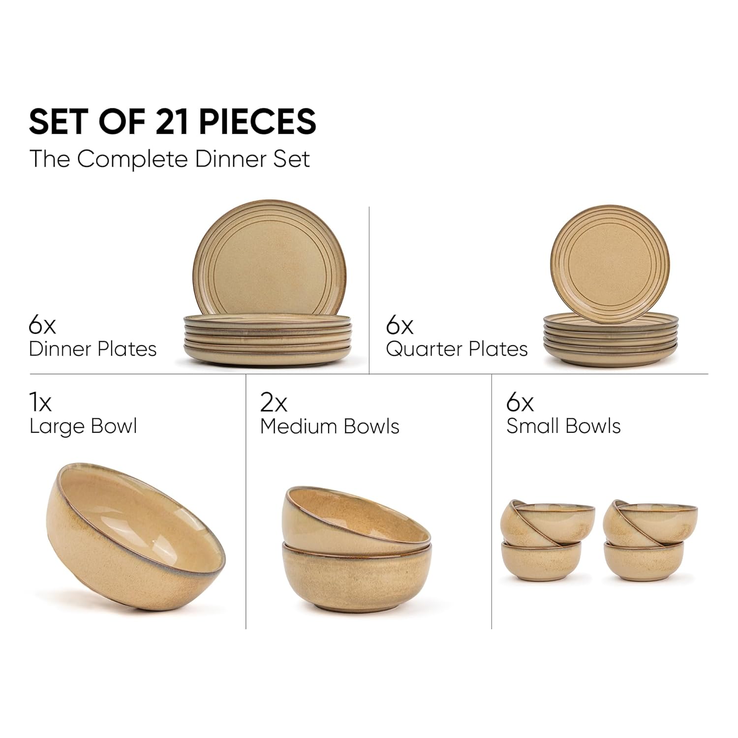 Ceramic Dinner Set Of 21 Pcs, Beige Reactive | Crockery Set, Dining Sets Crockery Items - 6 Dinner Plates+ 6 Quarter Plates+ 6 Veg Bowls, 180ml Each+ 2 Medium Bowls, 1000ml Each+ 1 Large Bowl, 1500ml